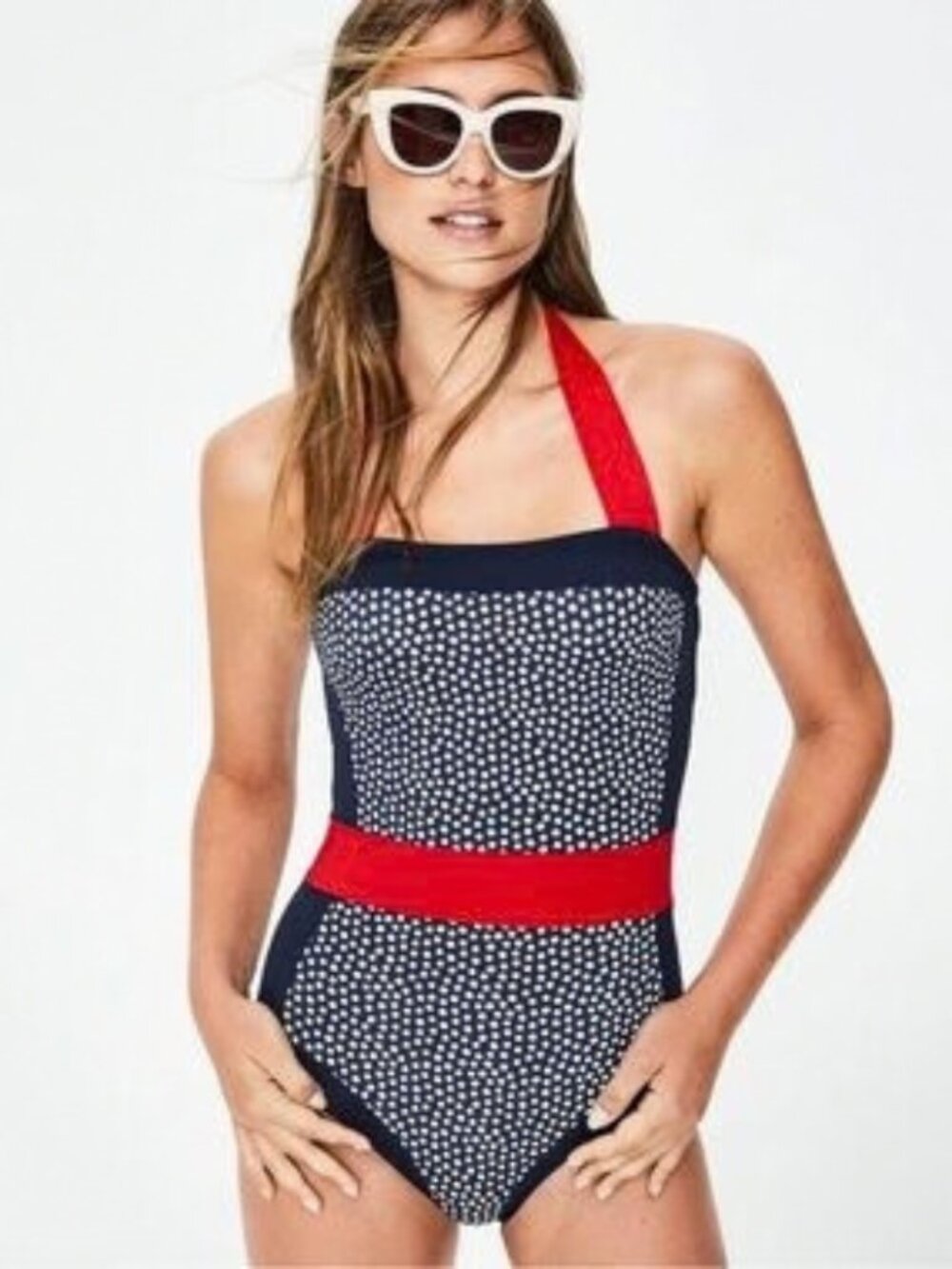 Boden Santorini Halterneck One Piece Swimsuit Sz 8 Navy Polka Dot Pin-Up Retro